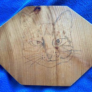 cat face portrait wood burning & pencil art - great Halloween gift!